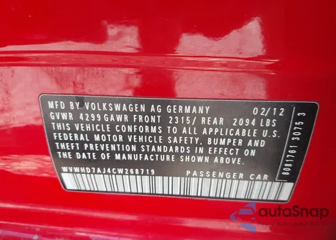 2012 Volkswagen Gti 4-Door from USA, damaged, VIN WVWHD7AJ4CW268719